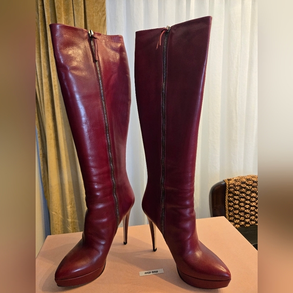 Miu Miu Burgundy Knee-High Leather Boots - Picture 1 of 8